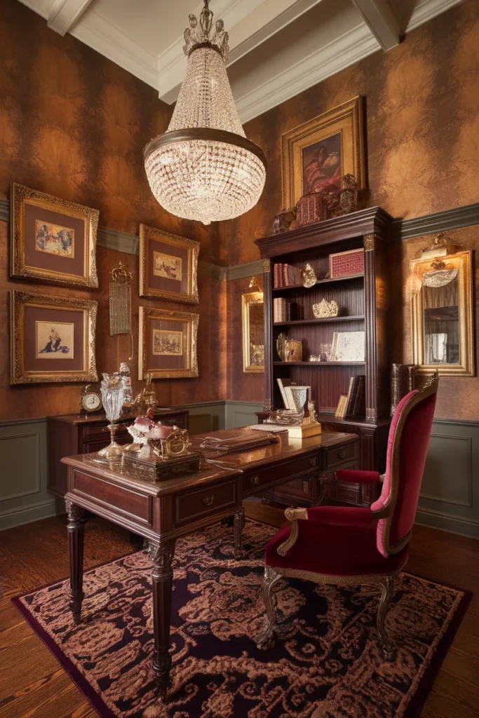 26 Victorian Home Office Ideas That Transform Any Workspace Into Pure Vintage Magic 6 Crystal Chandelier For Classic Elegance