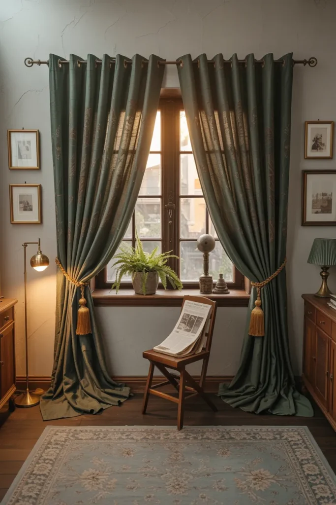 25 Vintage Home Office Ideas That Turn Work Into a Timeless Experience 12 Curtain Drapes with Heavy Fabric
