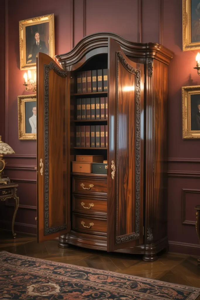 26 Victorian Home Office Ideas That Transform Any Workspace Into Pure Vintage Magic 24 Curved Wooden Armoire For Hidden Storage