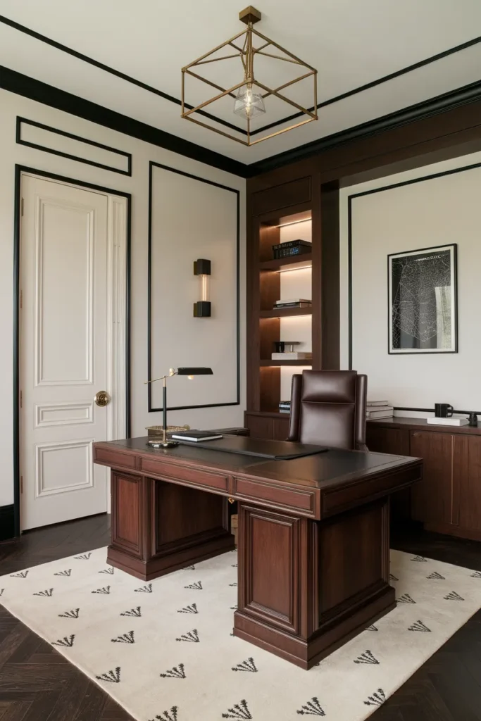 24 Modern Art Deco Home Office Ideas That Will Make You Actually Want to Work 19 Dark Wood, Sharp Contrast