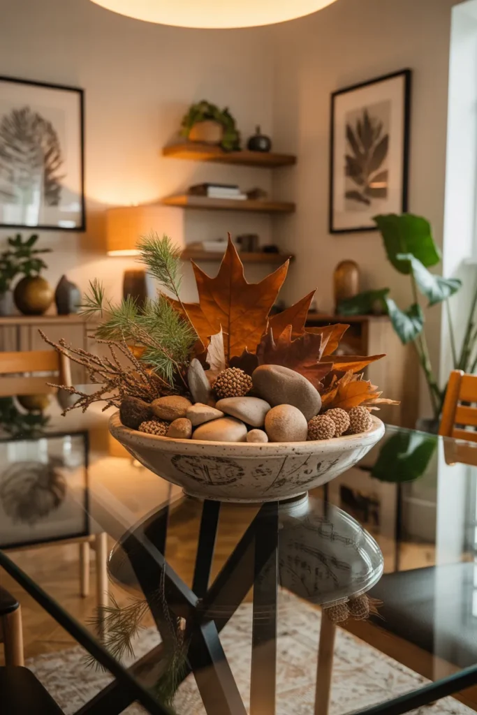 Glass Dining Table Decor Ideas That Transform Any Dining Room In Minutes 16 Decorative Bowl With Mixed Natural Elements