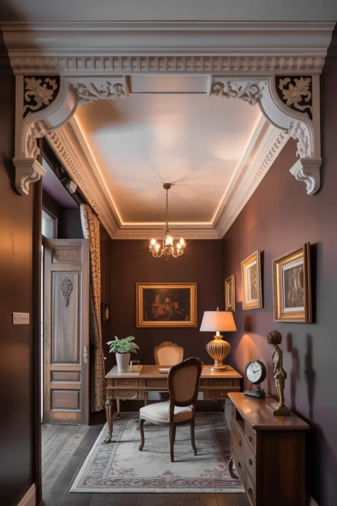 26 Victorian Home Office Ideas That Transform Any Workspace Into Pure Vintage Magic 18 Decorative Crown Molding For Old World Elegance