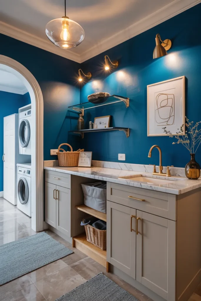 18 Blue Laundry Room Ideas That’ll Make You Fall in Love with Doing Laundry 11 Deep Blue Accent Wall with Gold Fixtures