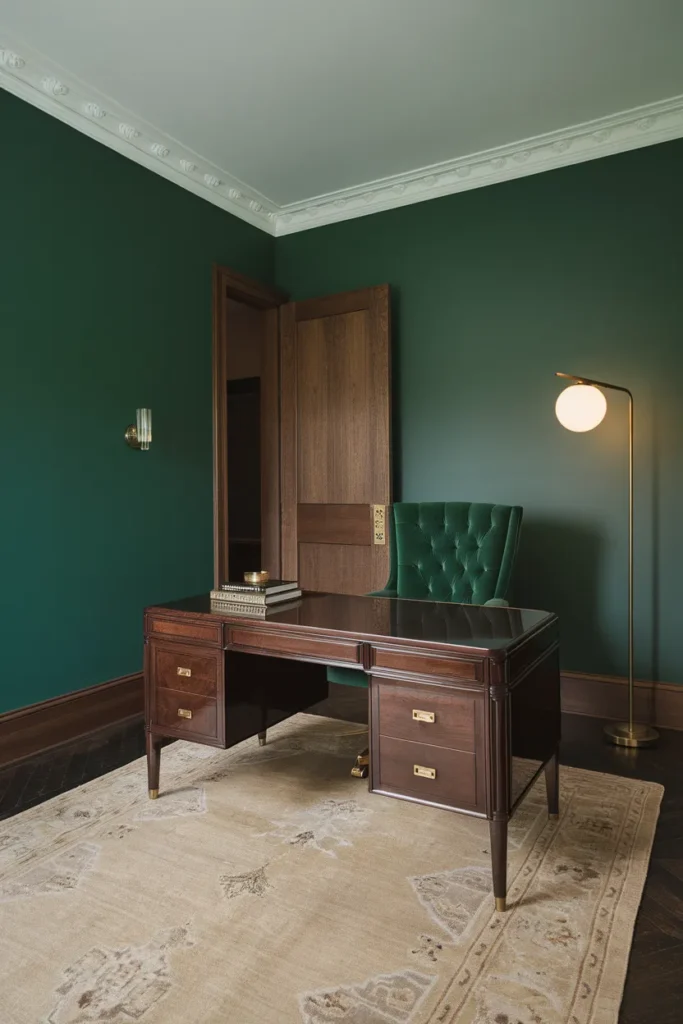 24 Modern Art Deco Home Office Ideas That Will Make You Actually Want to Work 3 Deep Green with a Gloss Finish