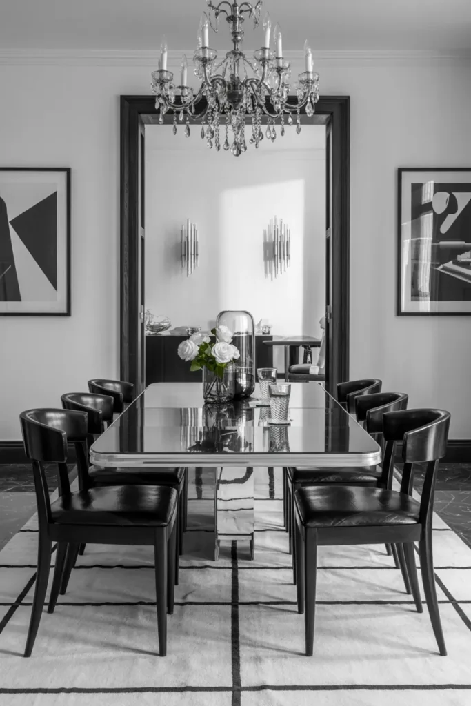 20 Vintage Dining Room Ideas That Bring Timeless Charm to Your Home 19 Elegant Vintage Dining with Monochrome Drama