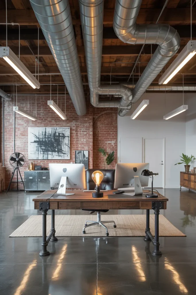 30 Modern Industrial Home Office Ideas That Redefine Style and Productivity 19 Exposed Ductwork And Metal Pipes