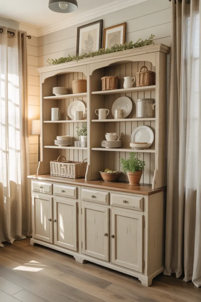 Farmhouse Dining Hutch With Styled Shelves