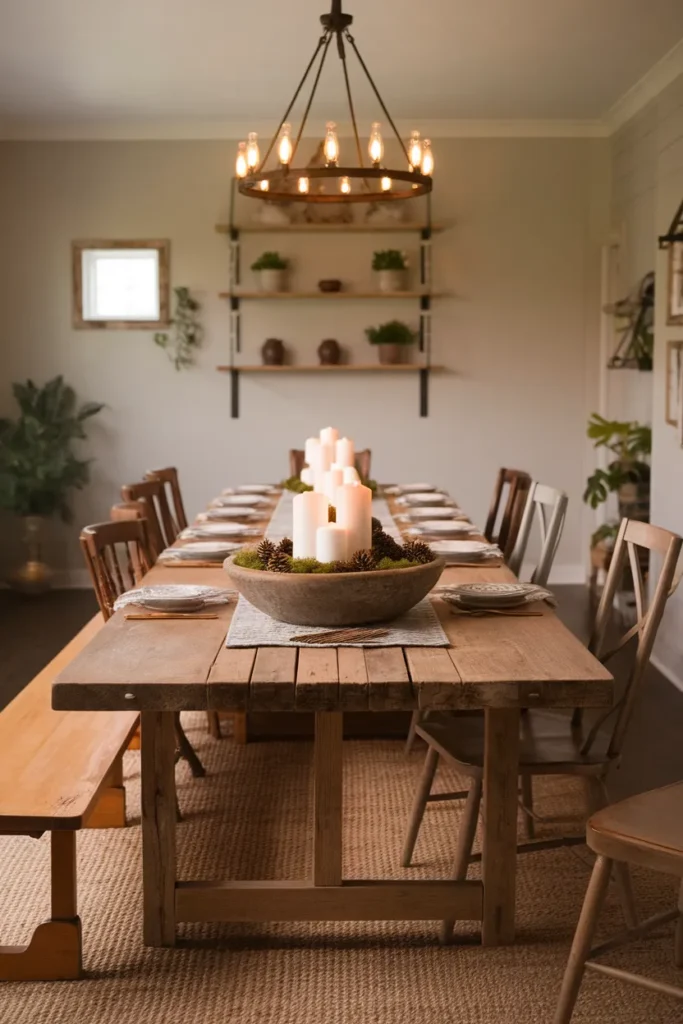Farmhouse Dough Bowl with Candles and Moss