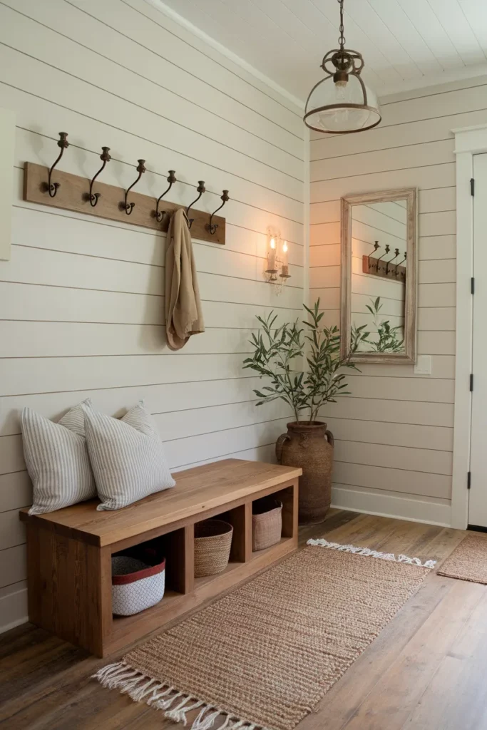 Farmhouse Hooks with Lift-Top Bench Storage