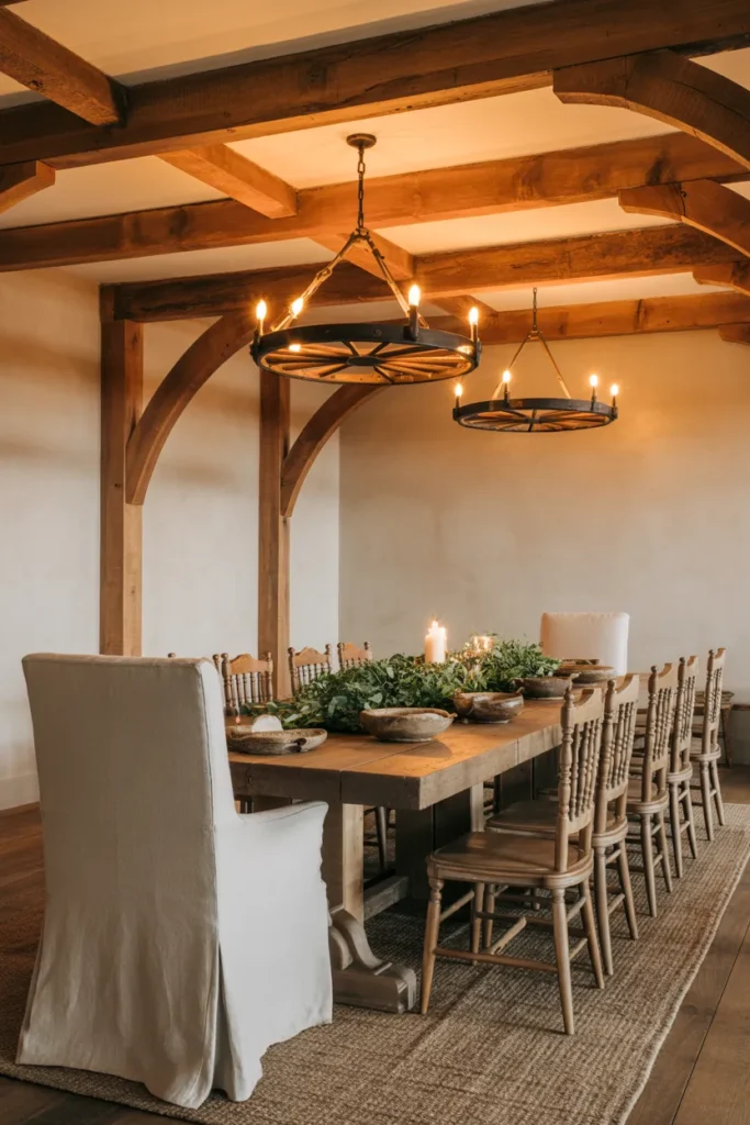 Farmhouse Table Centered Under Beamed Ceiling