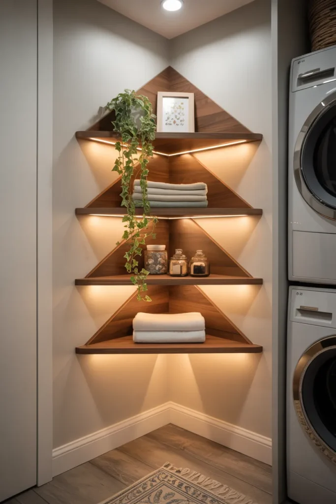 22 Laundry Room Shelving Ideas That Instantly Make Your Space Look Bigger 19 Floating Corner Shelf with Accent Lighting