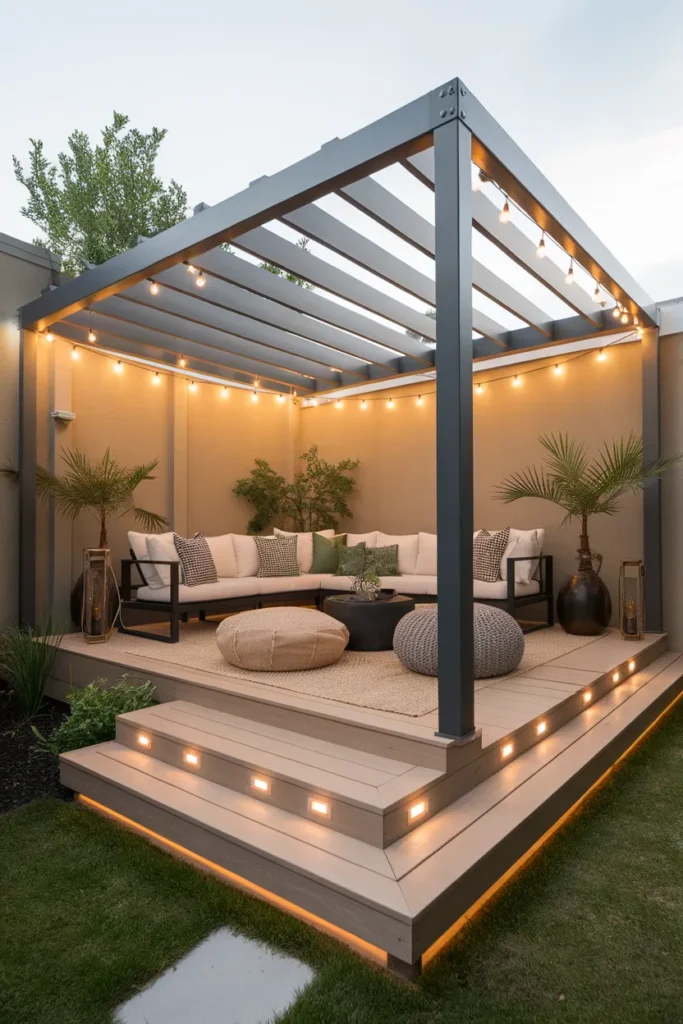 23 Modern Pergola Ideas That Instantly Upgrade Your Outdoor Living Space 18 Floating Deck Pergola with Step Lighting