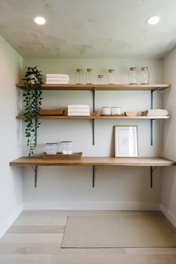 22 Laundry Room Shelving Ideas That Instantly Make Your Space Look Bigger 8 Floating Shelf Wall with Hidden Brackets