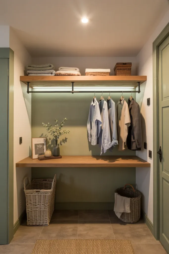 22 Laundry Room Shelving Ideas That Instantly Make Your Space Look Bigger 16 Floating Shelf with Hanging Rod Combo