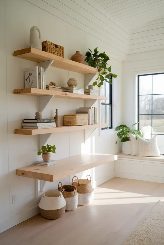 Floating Wood Shelves with Simple Styling