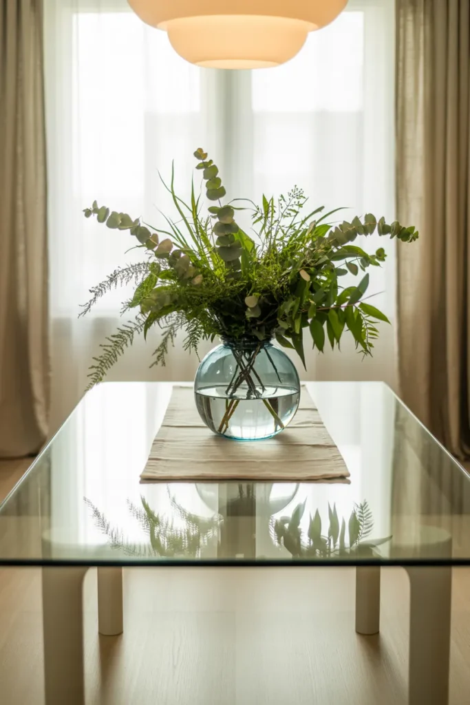 Glass Dining Table Decor Ideas That Transform Any Dining Room In Minutes 2 Fresh Green Centerpiece With Soft Layers