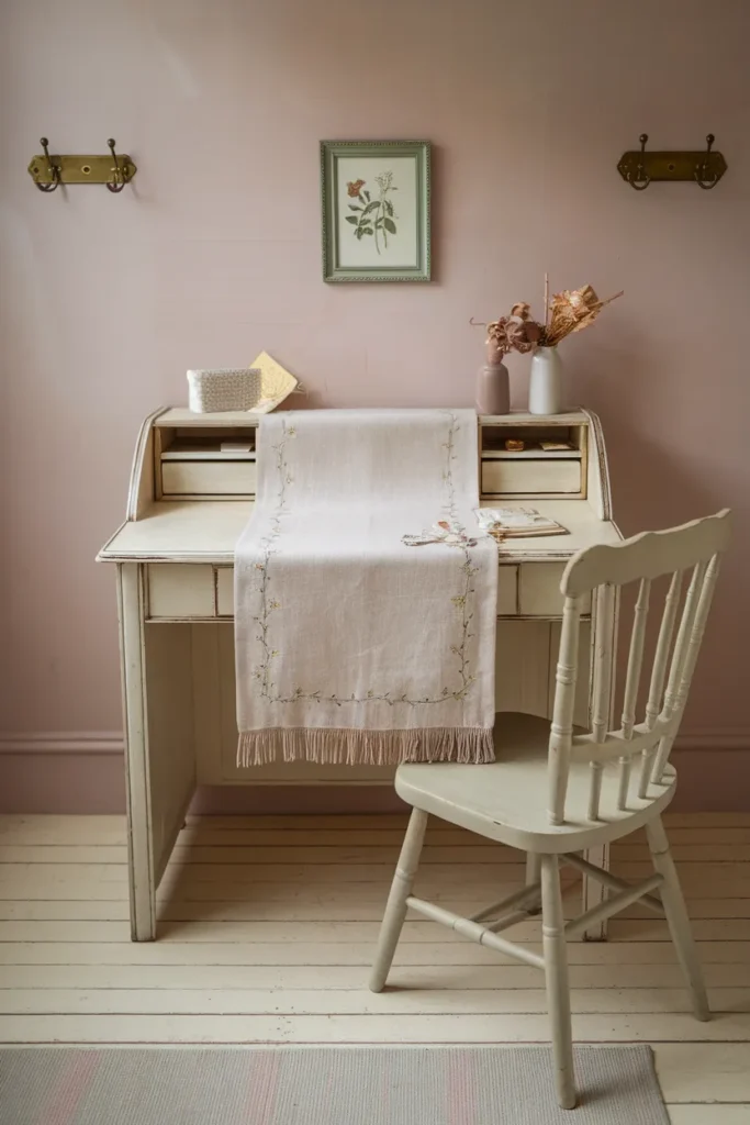 25 Vintage Home Office Ideas That Turn Work Into a Timeless Experience 24 Fringed Table Runner Across the Desk