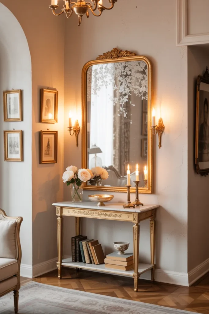 Vintage Mirrors Ideas That Transform Empty Walls Into Pure Magic 17 Gilded Antique Mirror with Soft Warm Glow