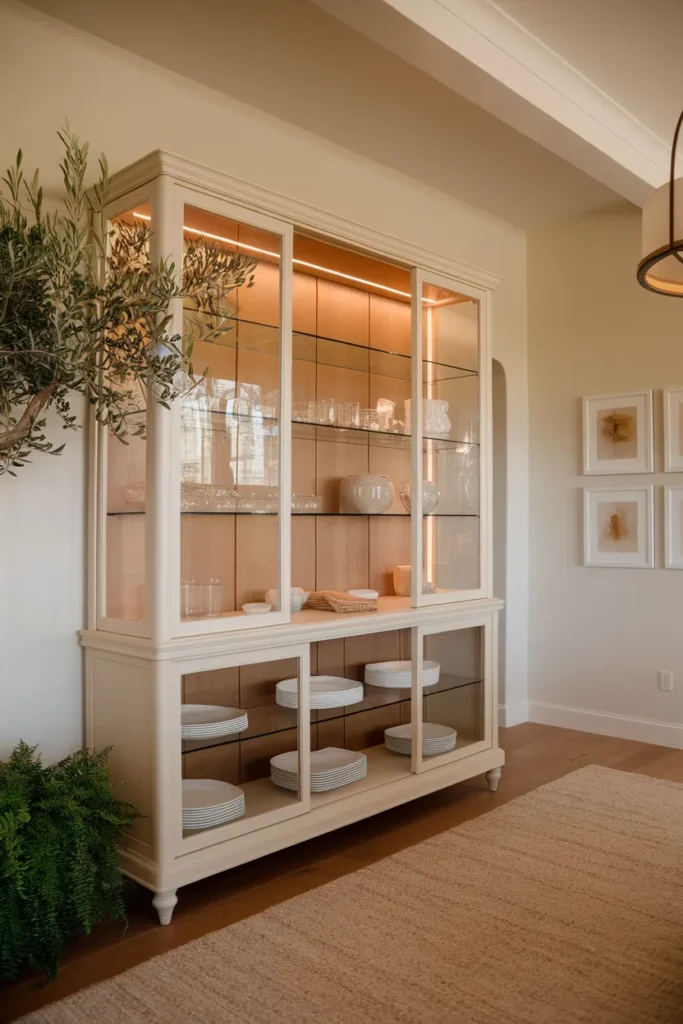 24 Dining Room Cabinet Ideas That Add Style, Storage, And Serious Charm 19 Glass Door Hutch With Warm Back Panel