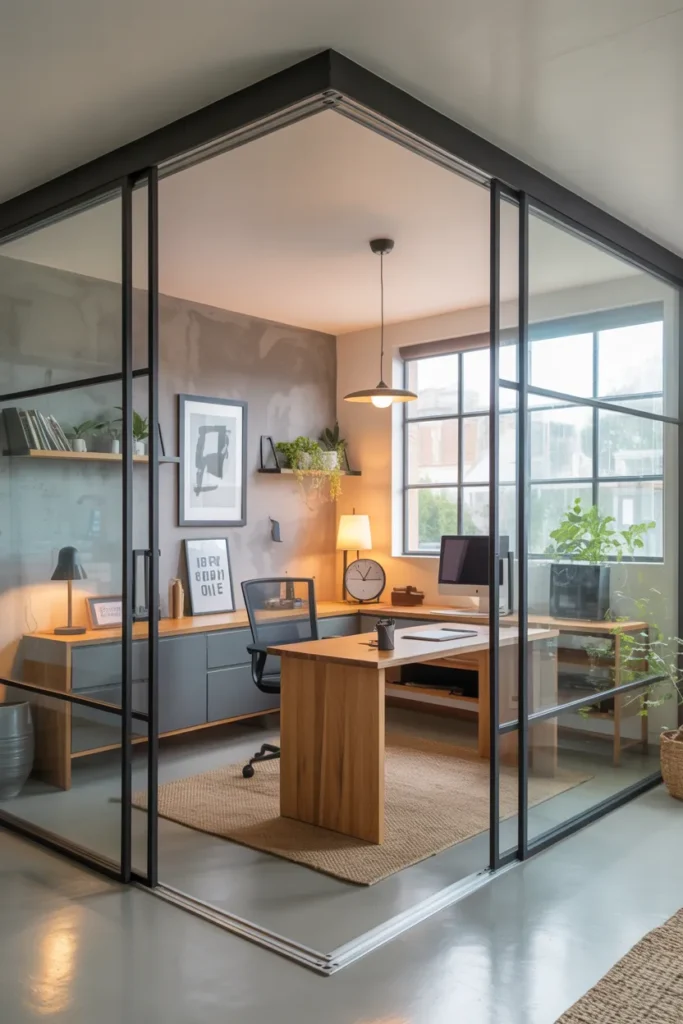 30 Modern Industrial Home Office Ideas That Redefine Style and Productivity 6 Glass Partition With Metal Trim