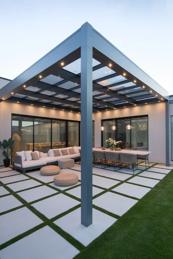 23 Modern Pergola Ideas That Instantly Upgrade Your Outdoor Living Space 8 Glass Roof Pergola for All-Weather Use