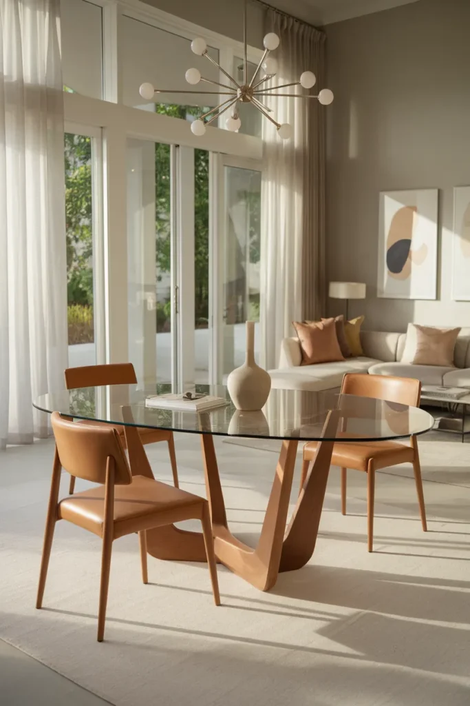 Glass Top Dining Table with Sculptural Wood Base