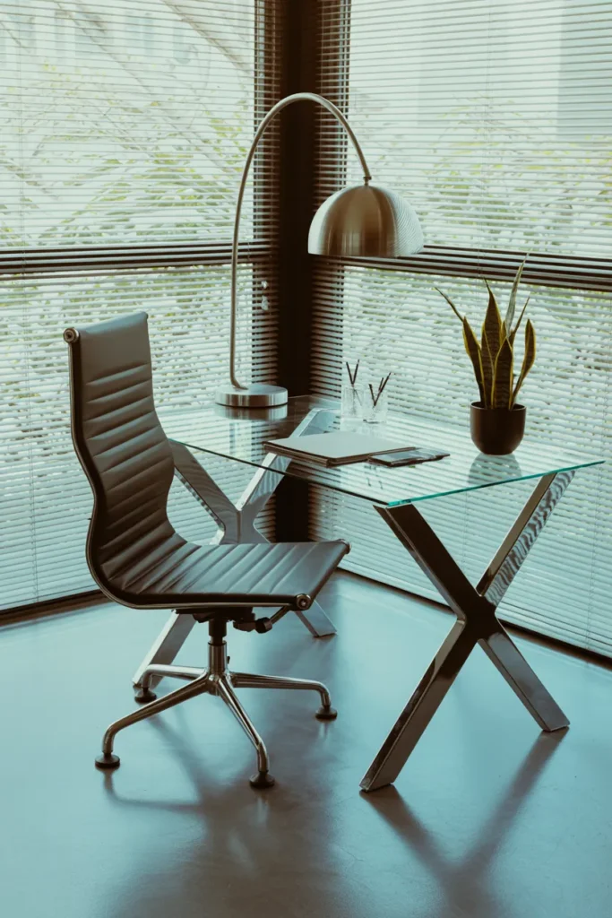 24 Modern Art Deco Home Office Ideas That Will Make You Actually Want to Work 5 Glass and Chrome Baby