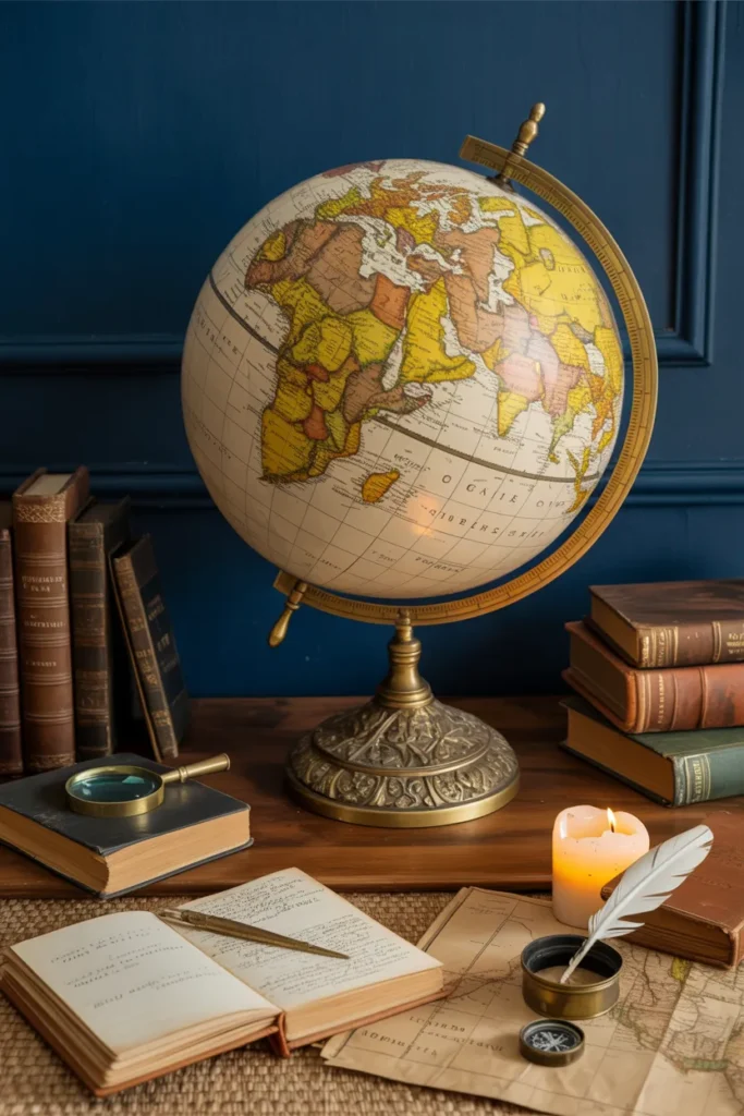 25 Vintage Home Office Ideas That Turn Work Into a Timeless Experience 25 Globe with an Aged Patina