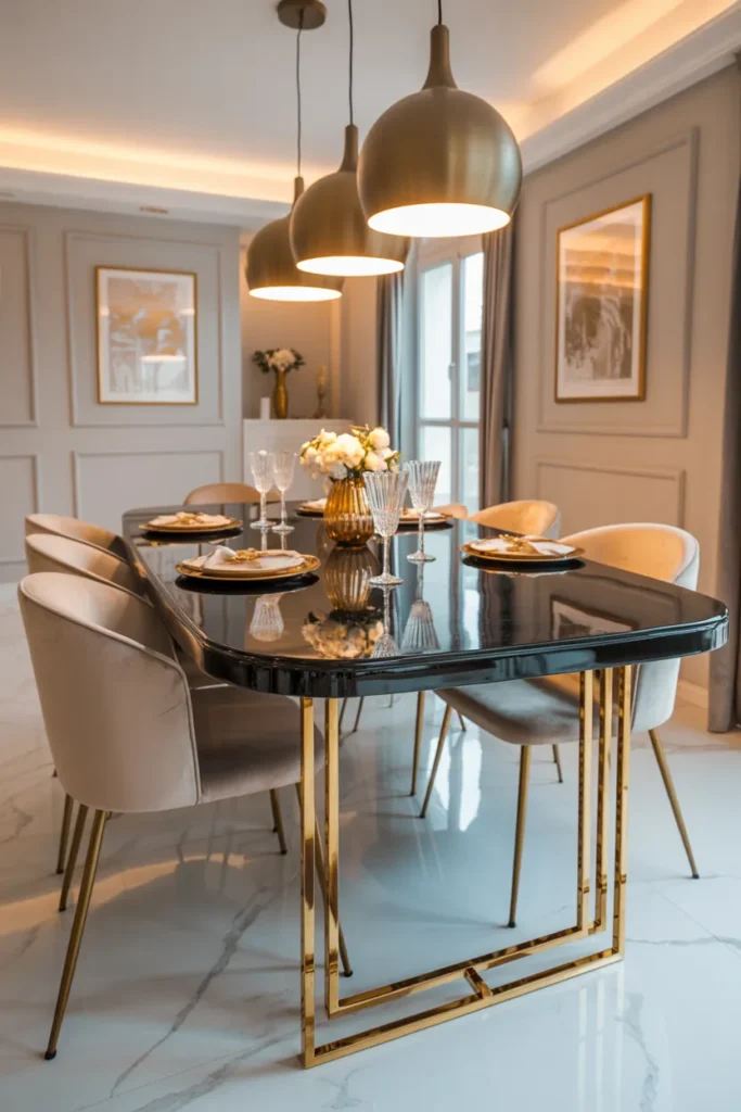 Glossy Black Dining Table With Gold Accents