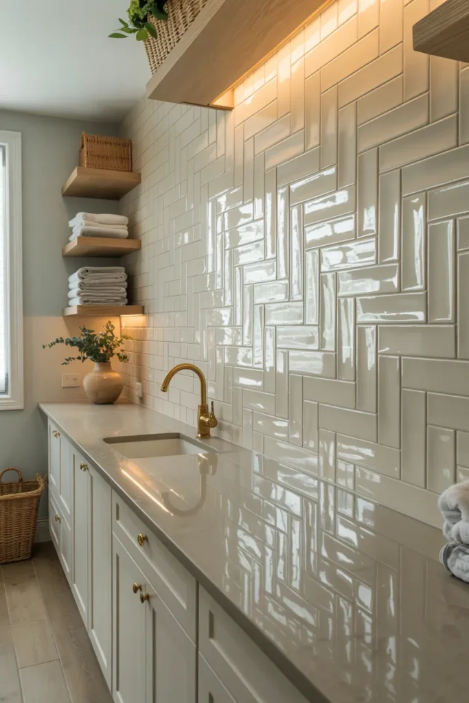 Trending Laundry Room Tile Ideas That Will Refresh Your Entire Home 8 Glossy Herringbone Tile For Subtle Movement