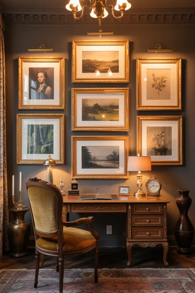 26 Victorian Home Office Ideas That Transform Any Workspace Into Pure Vintage Magic 16 Gold Framed Art For A Touch Of Grandeur