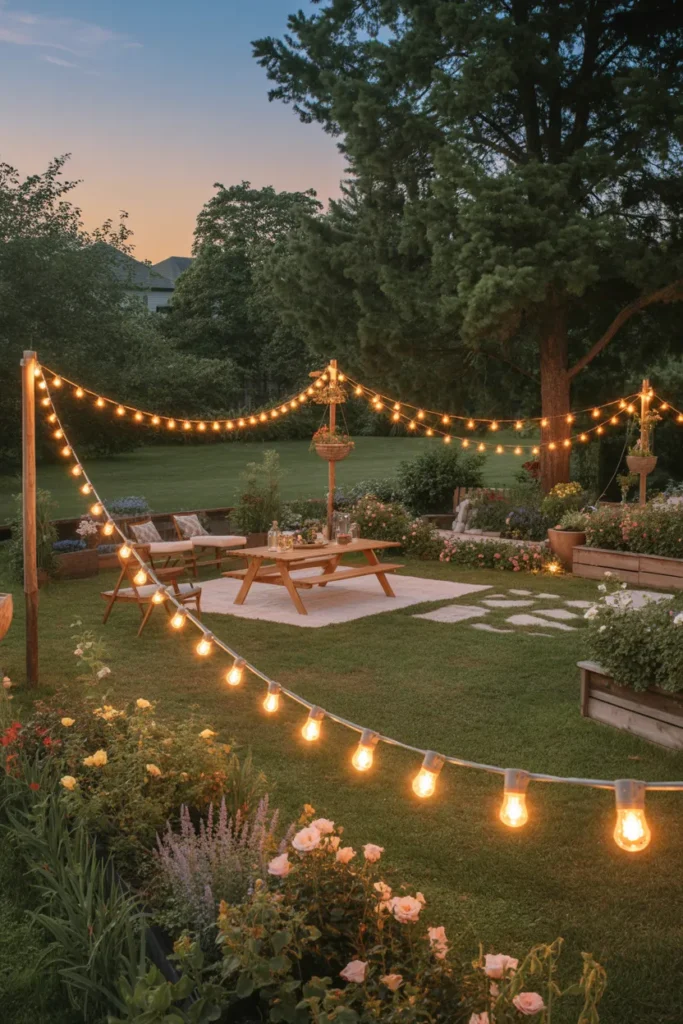 Hanging String Lights Across the Garden