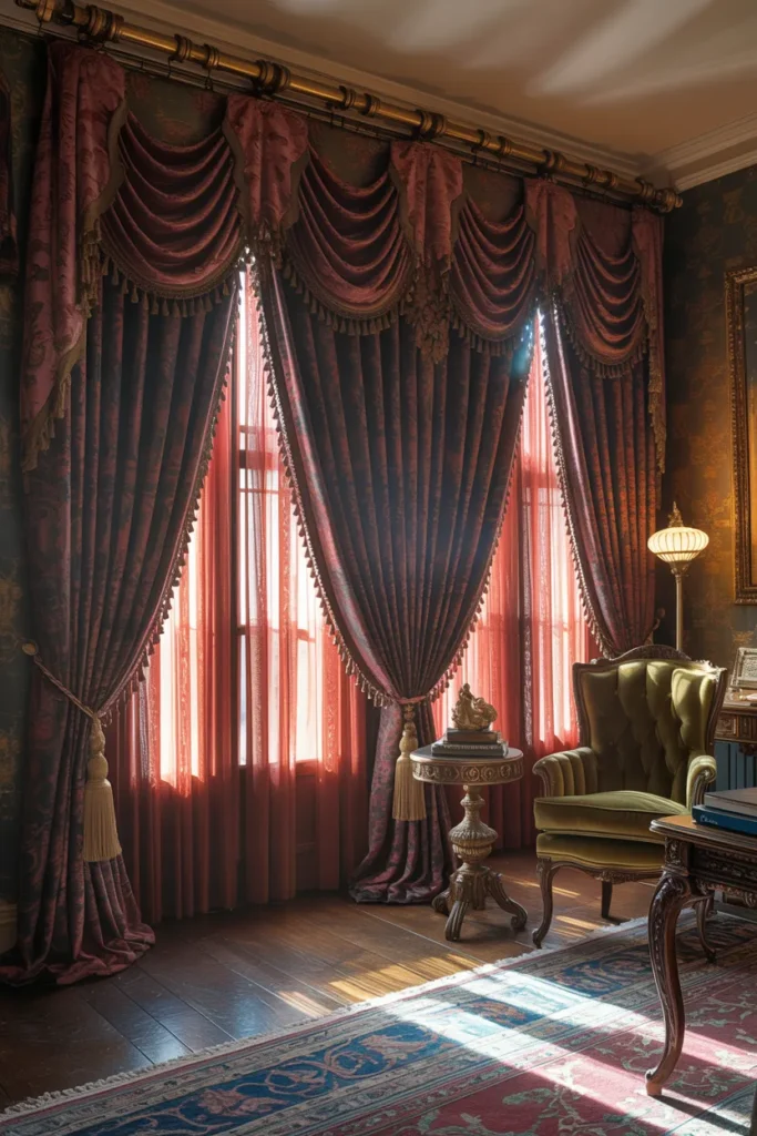 26 Victorian Home Office Ideas That Transform Any Workspace Into Pure Vintage Magic 8 Heavy Drapes With Deep Fabric Tones