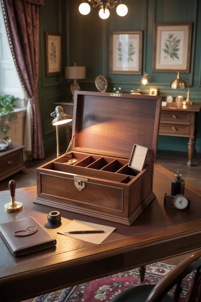26 Victorian Home Office Ideas That Transform Any Workspace Into Pure Vintage Magic 26 Heavy Wooden Writing Box For Classic Desk Style