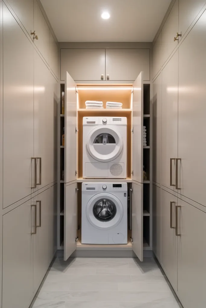 Hidden Laundry Behind Cabinet Doors
