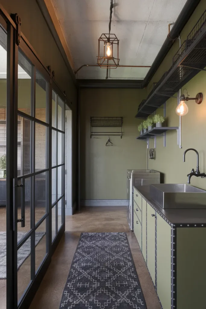 Industrial Modern Green Laundry Room