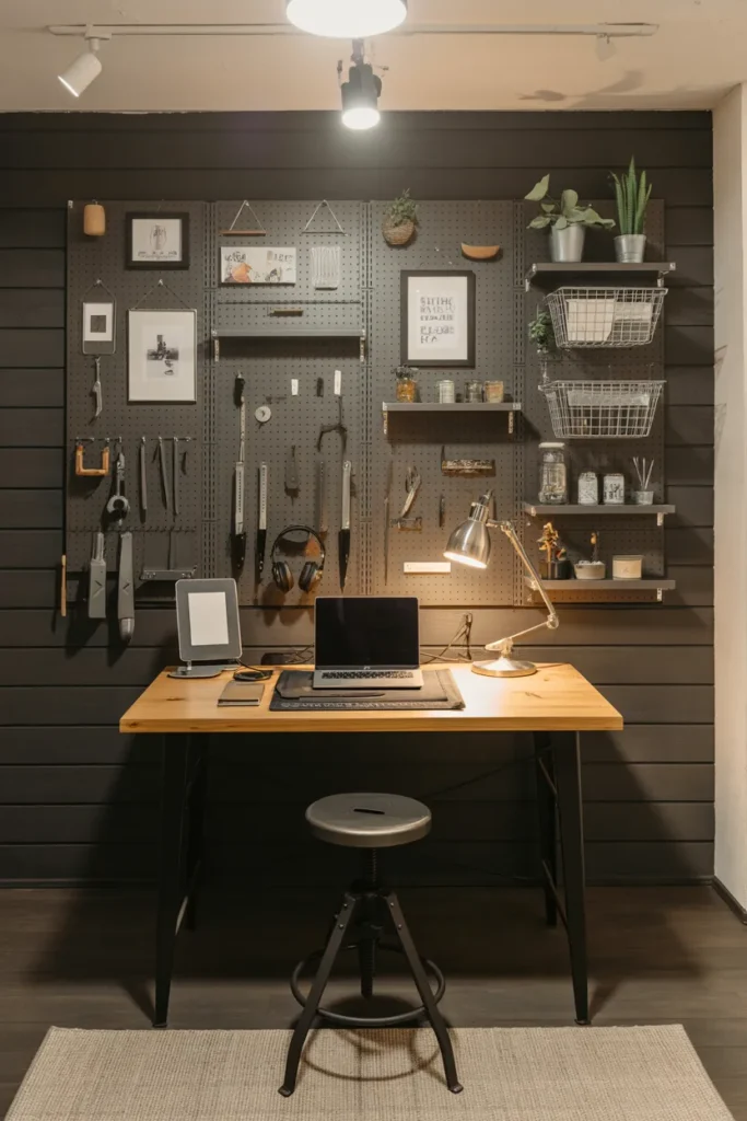 30 Modern Industrial Home Office Ideas That Redefine Style and Productivity 29 Industrial Pegboard Wall For Tools And Decor