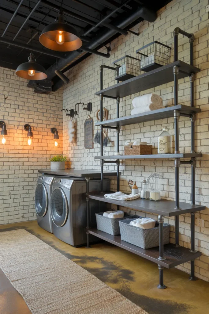 22 Laundry Room Shelving Ideas That Instantly Make Your Space Look Bigger 3 Industrial Pipe Shelving for Urban Charm