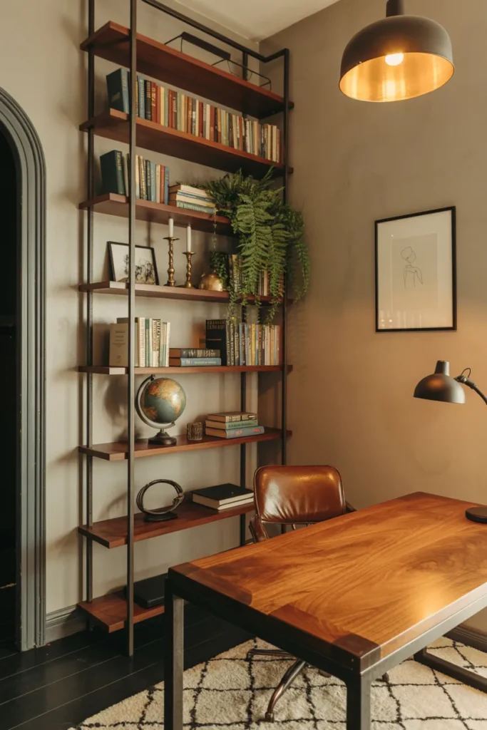 30 Modern Industrial Home Office Ideas That Redefine Style and Productivity 20 Iron Bookshelf With Wood Shelves