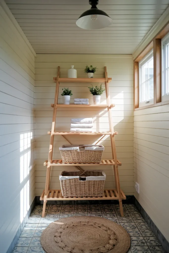 22 Laundry Room Shelving Ideas That Instantly Make Your Space Look Bigger 9 Ladder Shelf Leaning Against the Wall