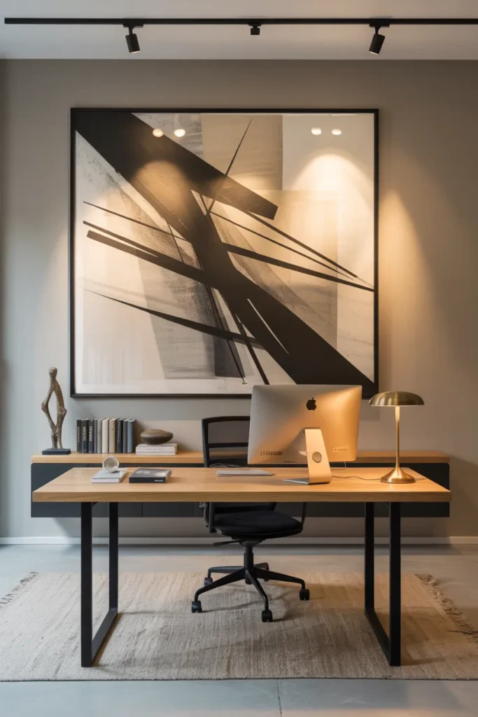 30 Modern Industrial Home Office Ideas That Redefine Style and Productivity 21 Large Framed Wall Art With Abstract Lines