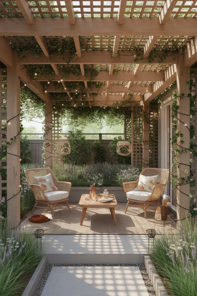 23 Modern Pergola Ideas That Instantly Upgrade Your Outdoor Living Space 19 Lattice Roof Pergola with Vines