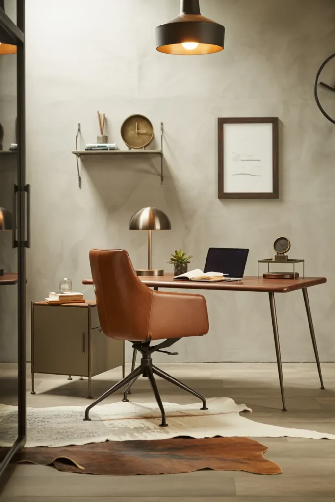 30 Modern Industrial Home Office Ideas That Redefine Style and Productivity 9 Leather Chair With Metal Base