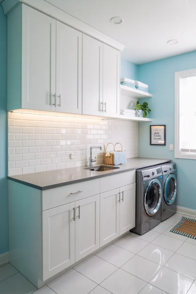 18 Blue Laundry Room Ideas That’ll Make You Fall in Love with Doing Laundry 10 Light Blue Walls with White Subway Tile