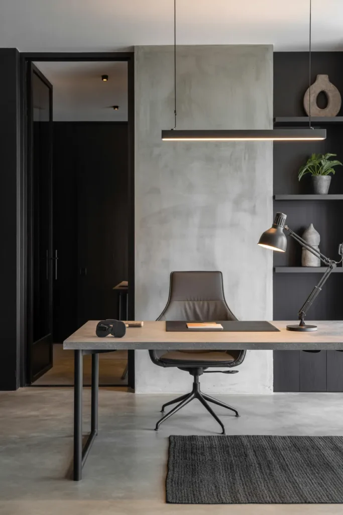 30 Modern Industrial Home Office Ideas That Redefine Style and Productivity 8 Matte Black Fixtures With Concrete Accents
