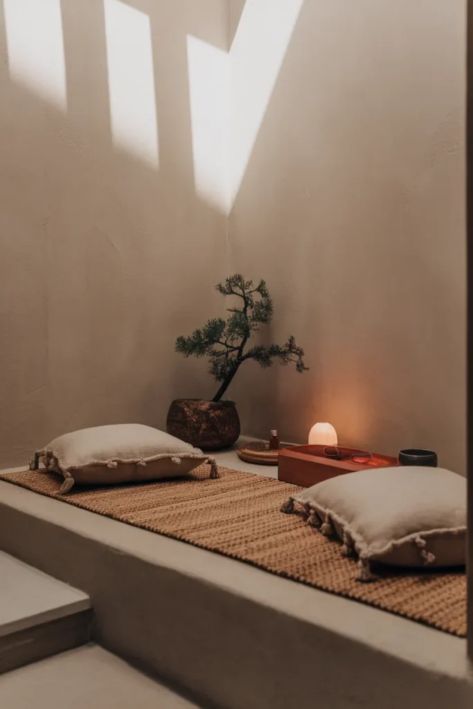 Meditation Spa Corner with Floor Cushions and Diffused Light