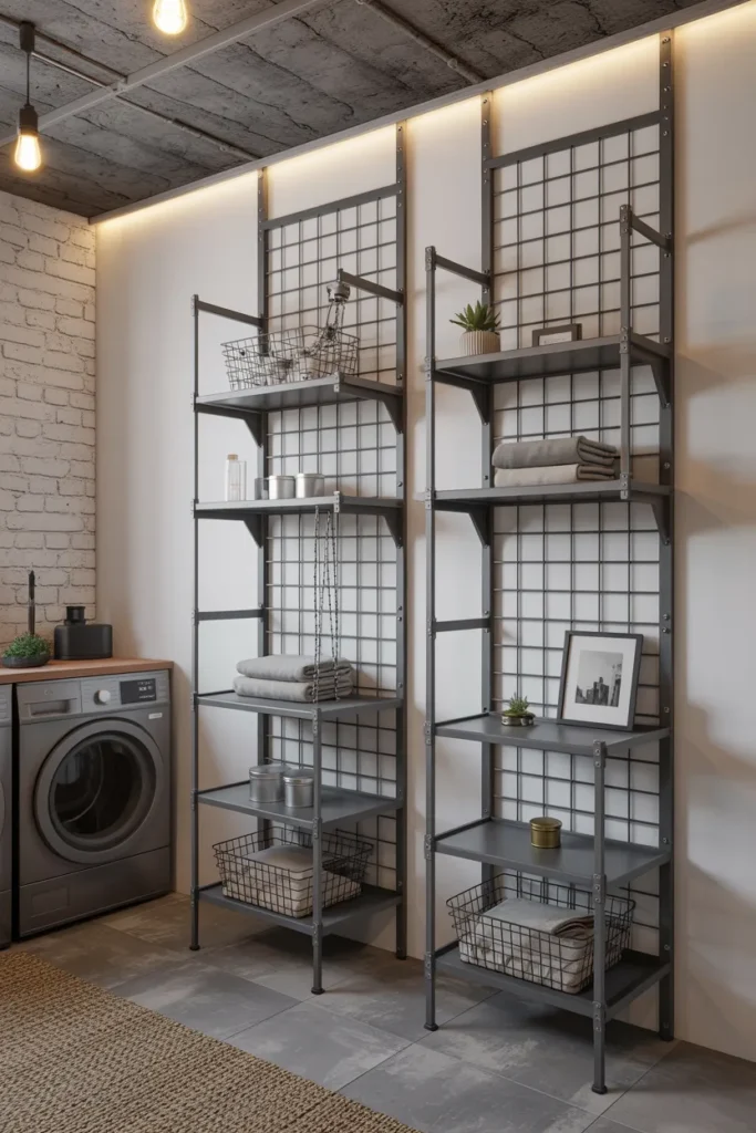22 Laundry Room Shelving Ideas That Instantly Make Your Space Look Bigger 18 Metal Grid Shelving for a Minimalist Edge