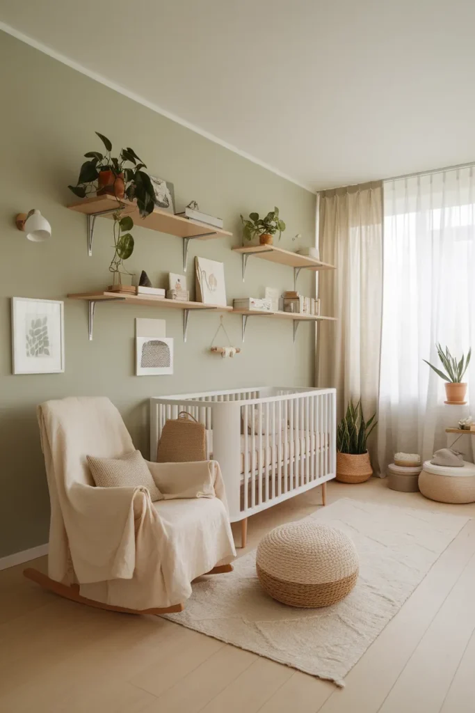 Minimal Sage Green Nursery with Floating Shelves