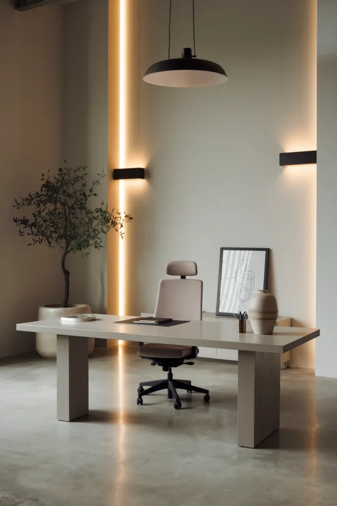 Minimalist Workspace with Statement Lighting