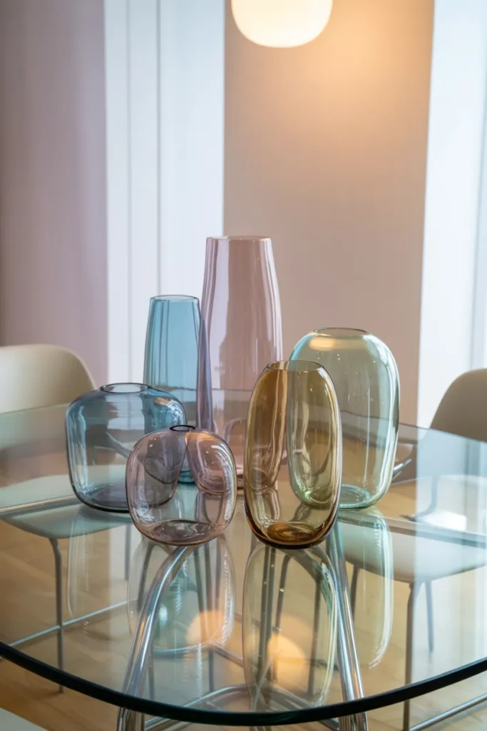 Glass Dining Table Decor Ideas That Transform Any Dining Room In Minutes 17 Mixed Glass Vases With Soft Color Tints